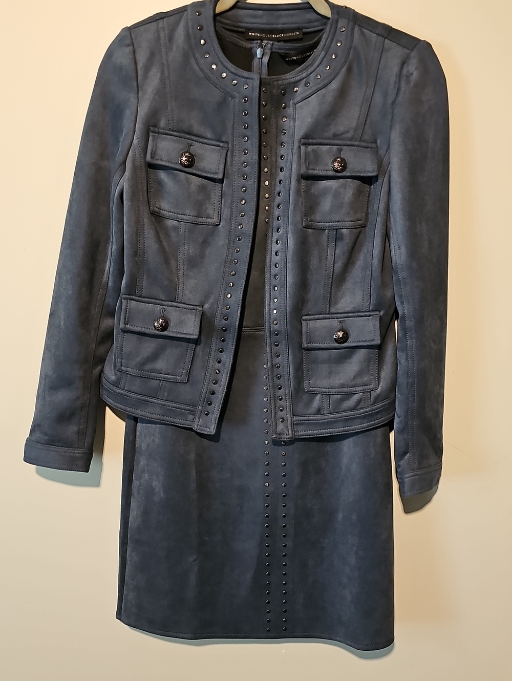 Dark Navy Suede Stud-Trim Jacket & Skirt Size 0 - Picture 3 of 12